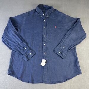 Polo Ralph Lauren Navy Blue 100% Linen Button Down Shirt Men's XXL